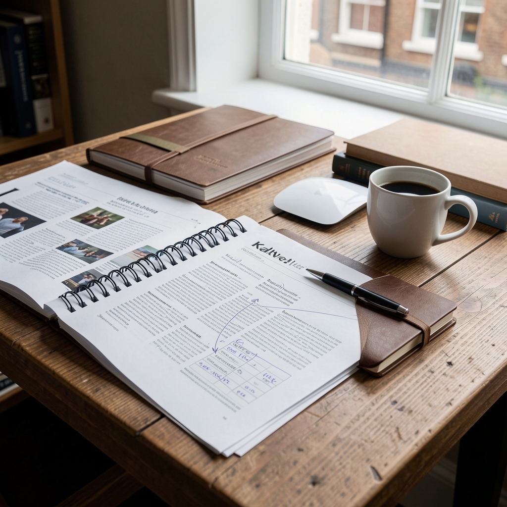 Editorial desk in Bristol with marked-up fitness papers, notebook and coffee — Kaltvel editorial