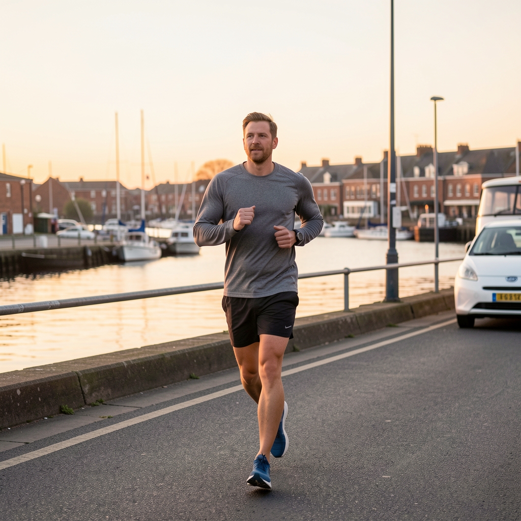 Man jogging along Bristol harbourside at dawn with an easy relaxed pace — Kaltvel editorial