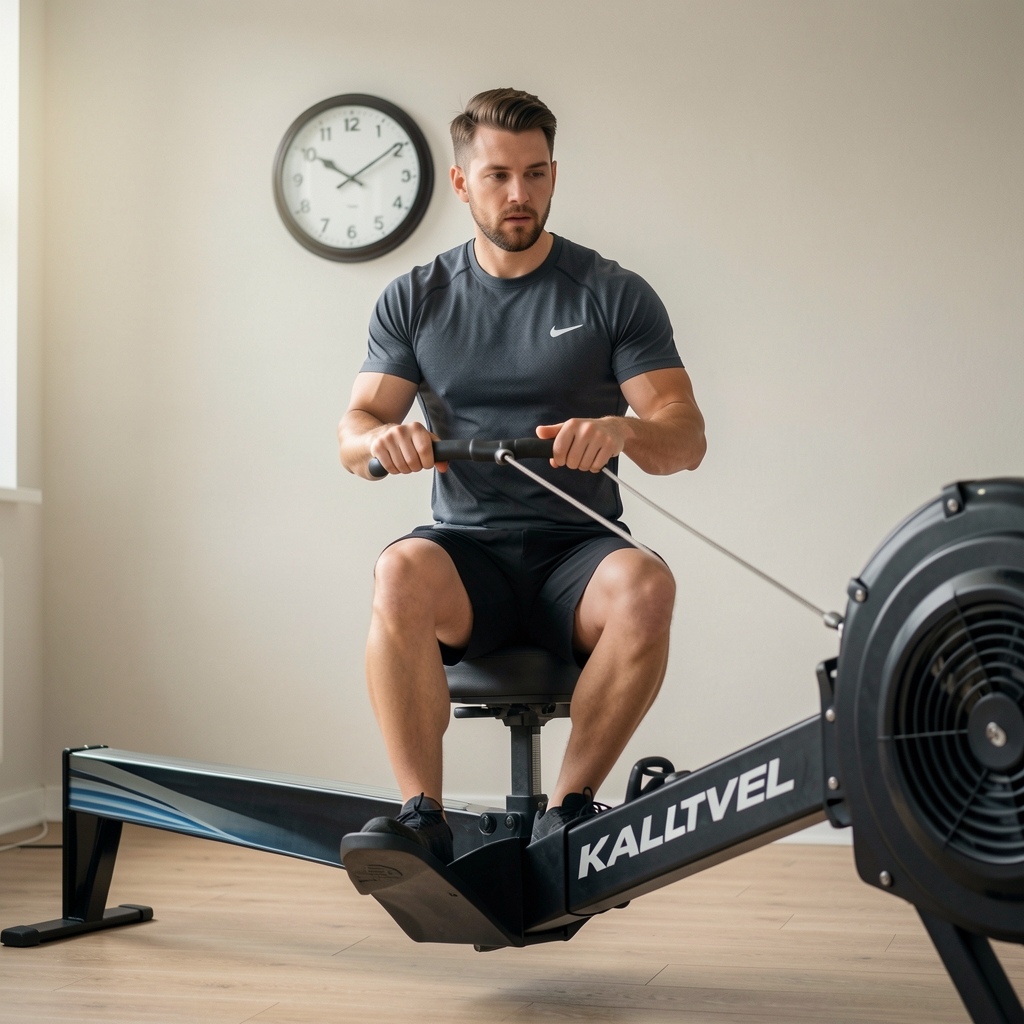 Man completing a measured interval on an indoor rowing machine with a wall clock behind him — Kaltvel editorial