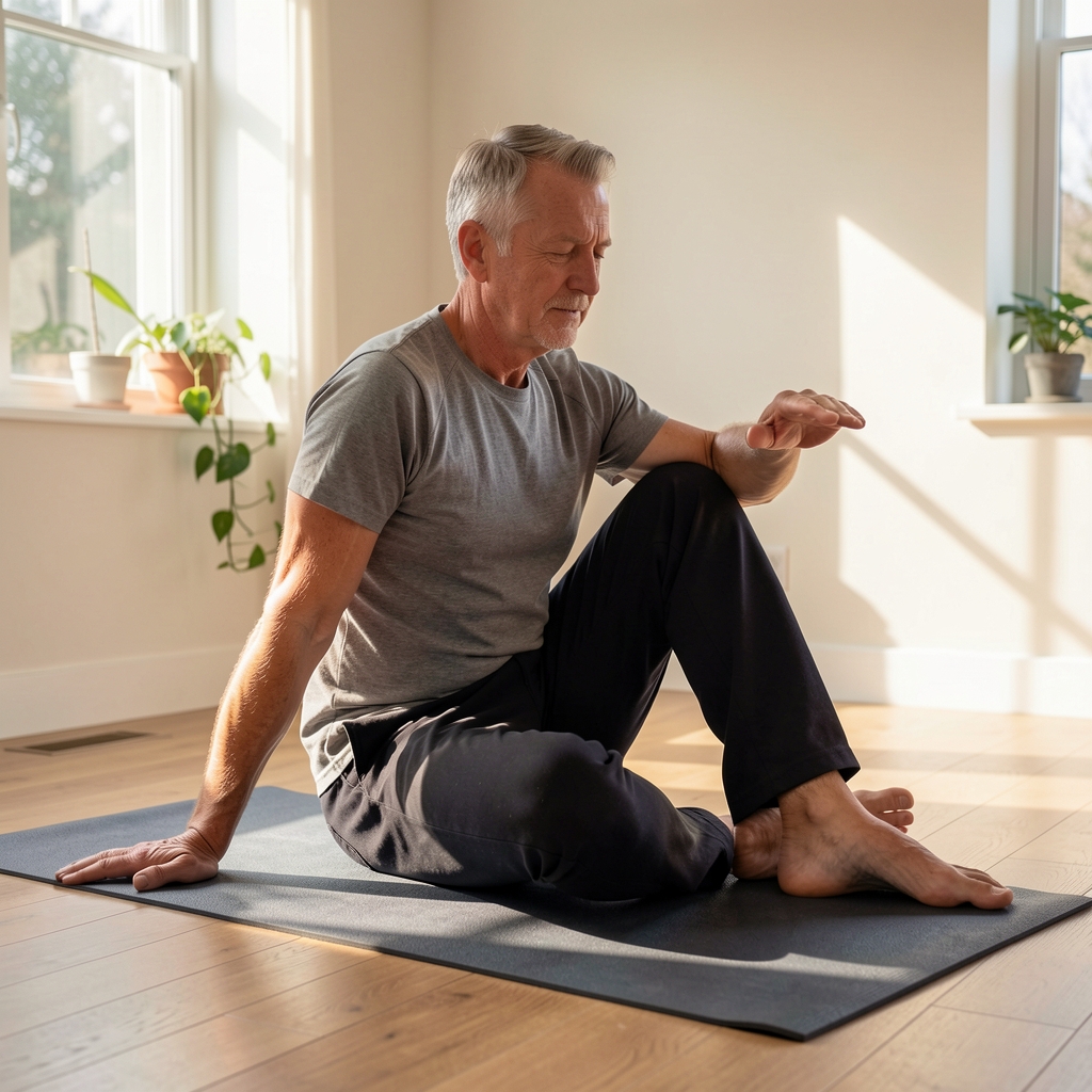 Mature man practising a gentle hip mobility sequence on a mat in a sunlit room — Kaltvel editorial