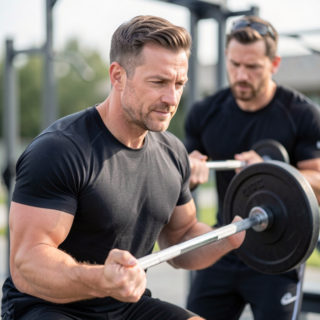 Man in his late thirties performing a careful deadlift with coach observing form — Kaltvel editorial