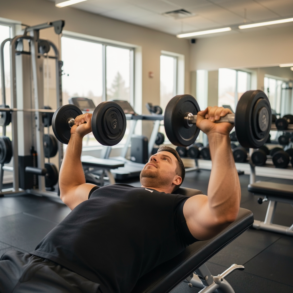 Man completing a dumbbell press in a softly lit community gym — Kaltvel editorial
