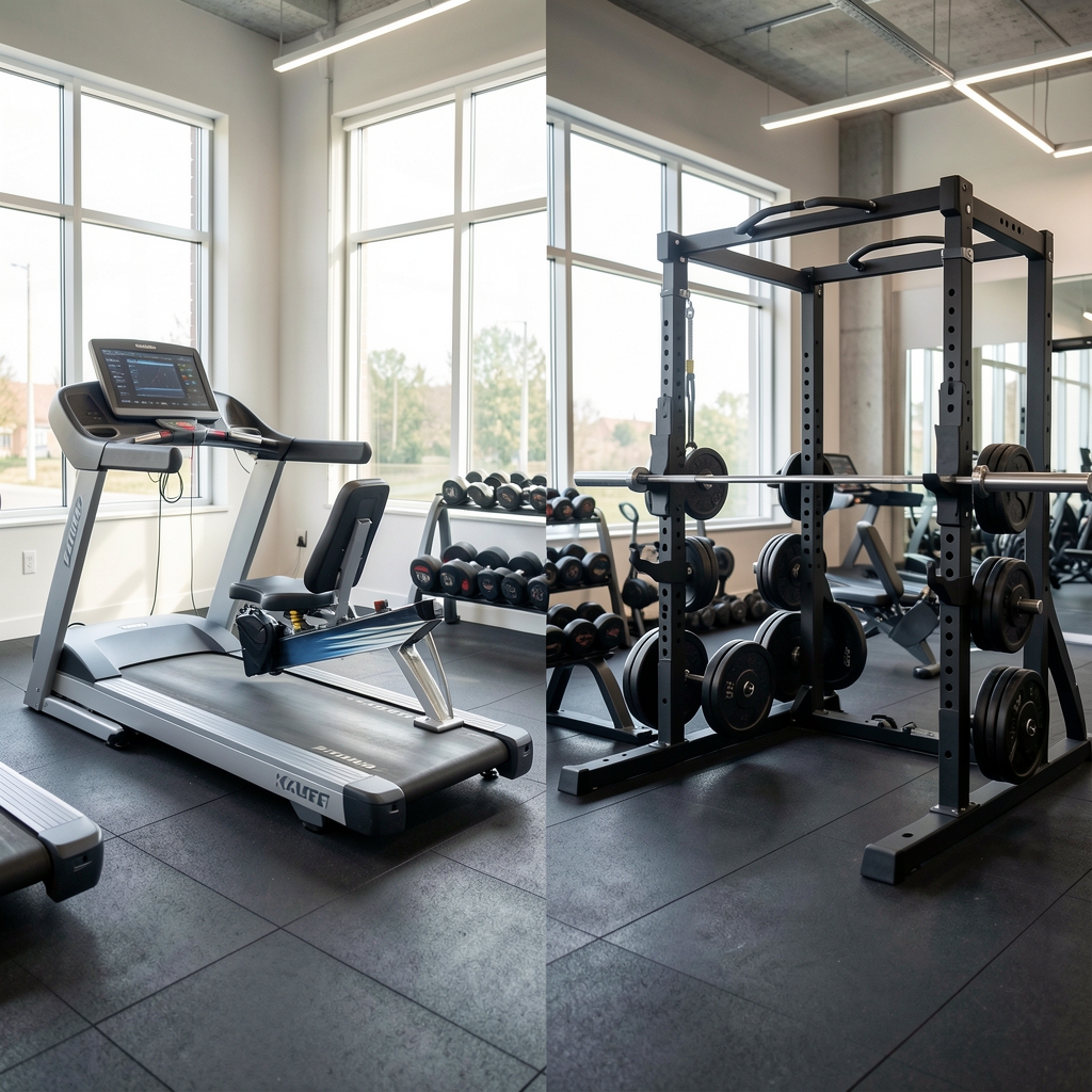 Two separate training zones showing a treadmill row and a free-weight rack in the same gym — Kaltvel editorial