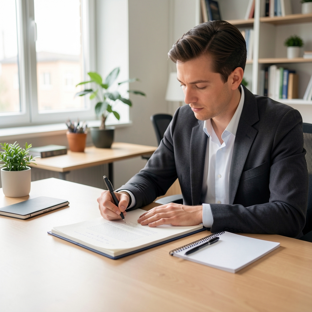Copy editor marking up a manuscript with a pen at a bright office desk — Kaltvel editorial