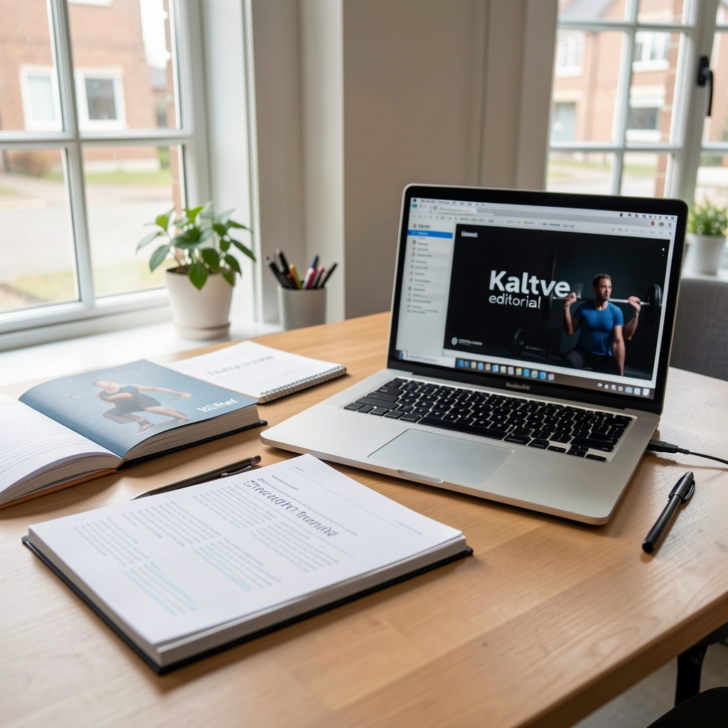 Bristol editorial workspace with research notes, strength training book and laptop — Kaltvel editorial