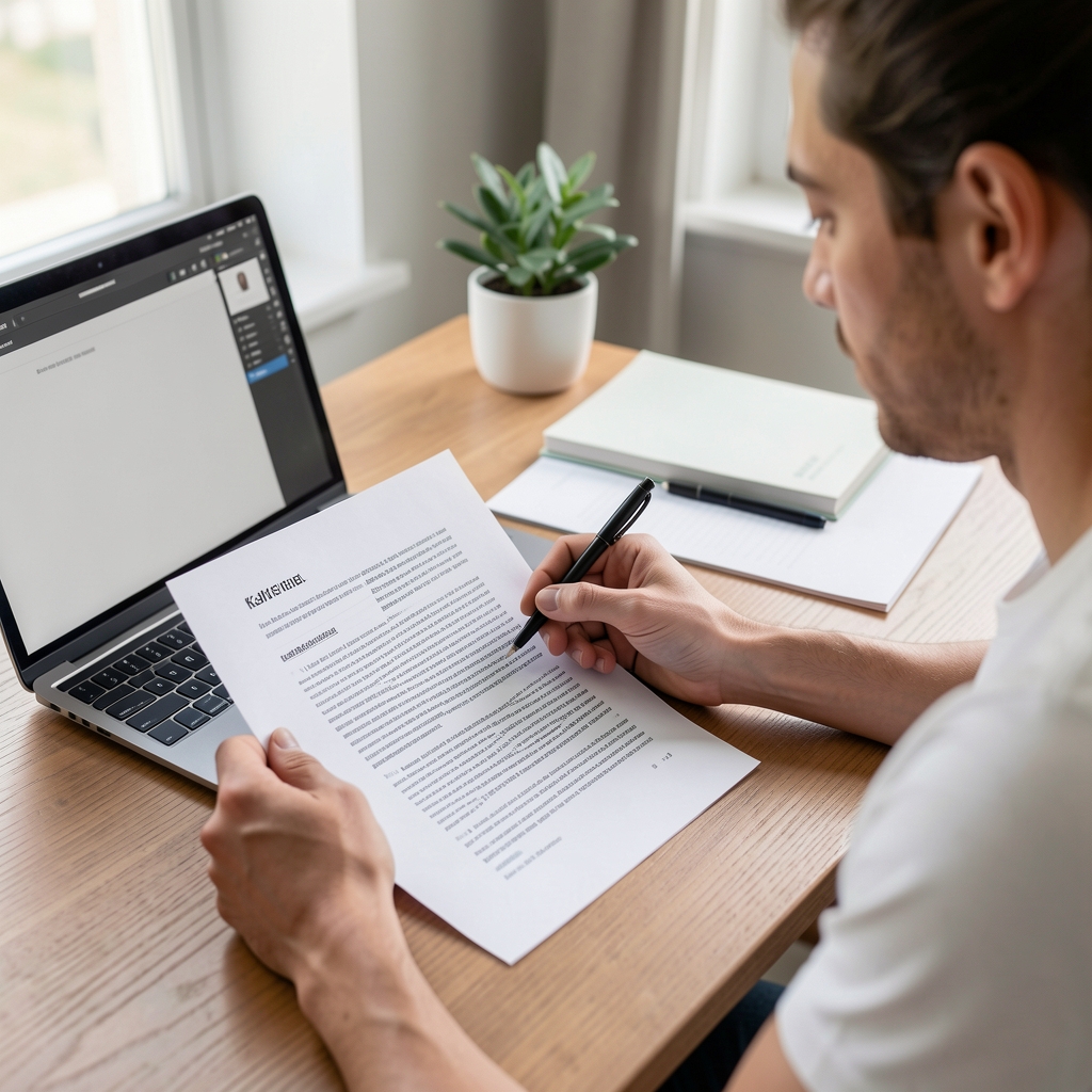 Editor reviewing a printed fitness article draft at a desk with a laptop — Kaltvel editorial