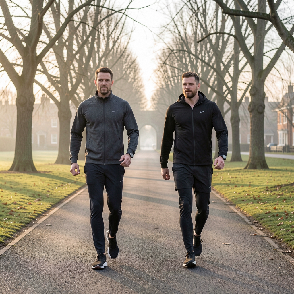 Two men walking between interval efforts on a Bristol park path in cool morning light — Kaltvel editorial
