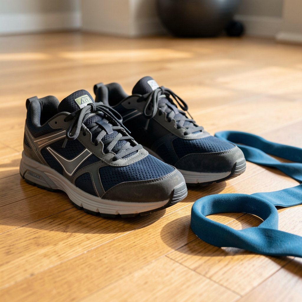 Close view of trainers and resistance band beside a wooden floor mobility practice — Kaltvel editorial