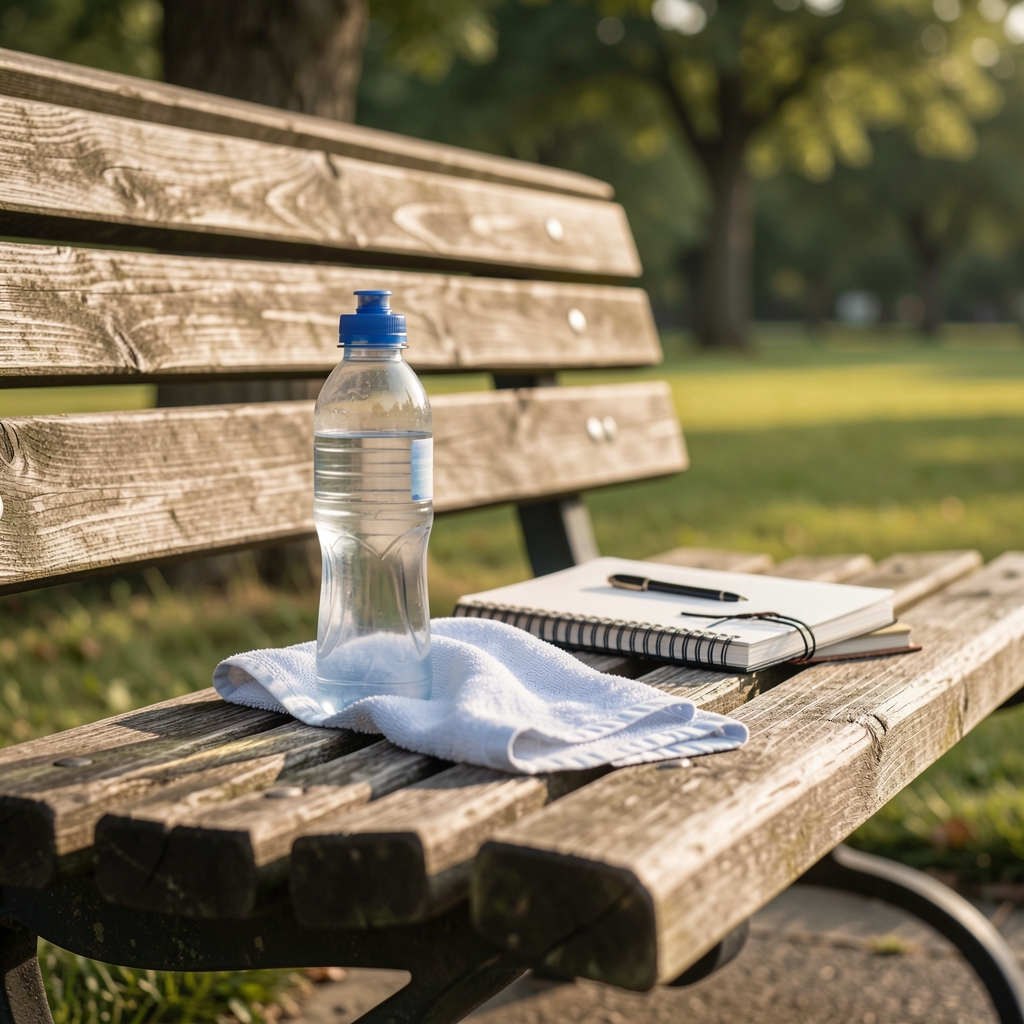 Quiet post-training scene with water bottle, towel and notebook beside a bench — Kaltvel editorial