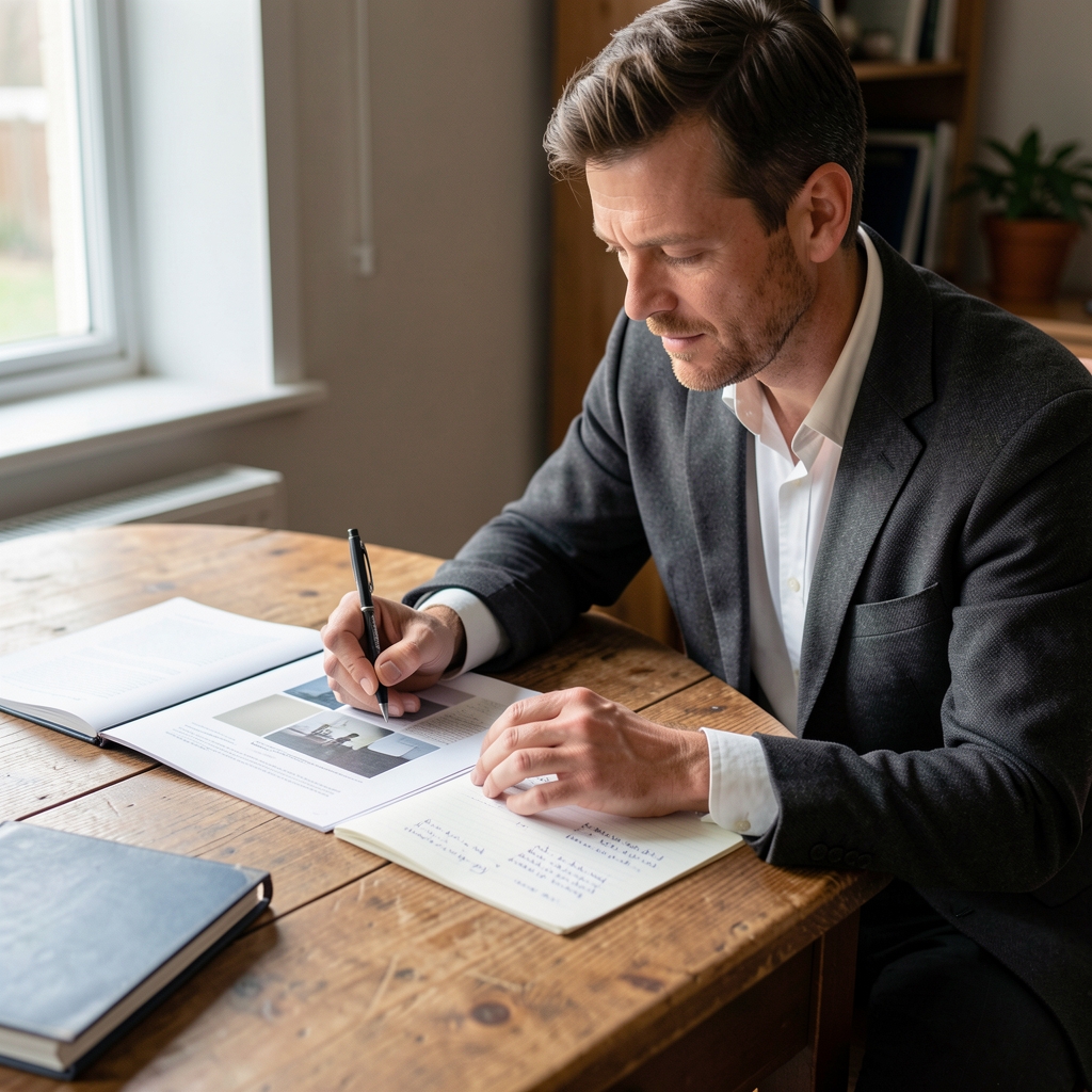 Editorial researcher comparing printed studies and handwritten notes at a wooden desk — Kaltvel editorial