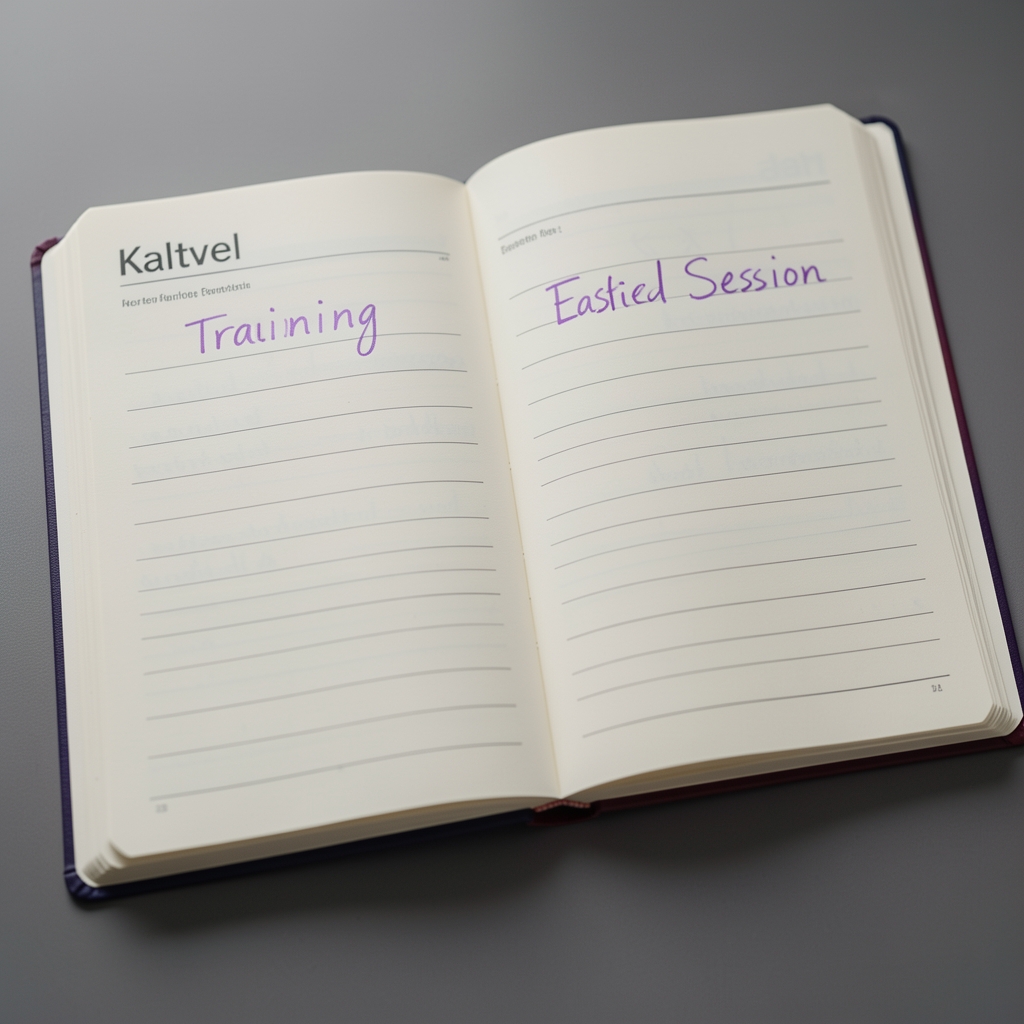 Open weekly training journal with an easier session marked in violet ink — Kaltvel editorial